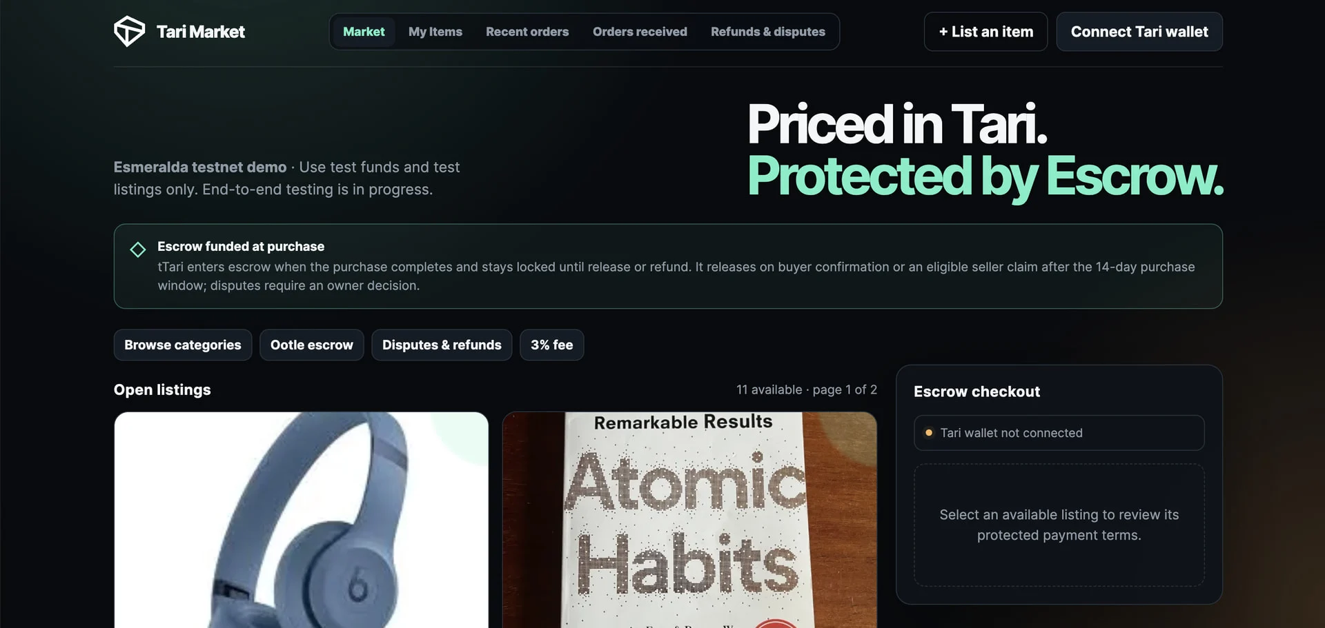 The front page of the marketplace, showing electronics like headphones and a book, "Atomic Habits", for sale, and bearing the header, "Priced in Tari. Protected by Escrow."